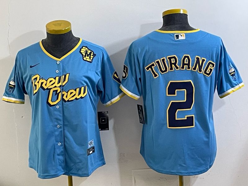 Women 2025 Milwaukee Brewers #2 Turang Light blue City Edition Nike MLB Jersey 03